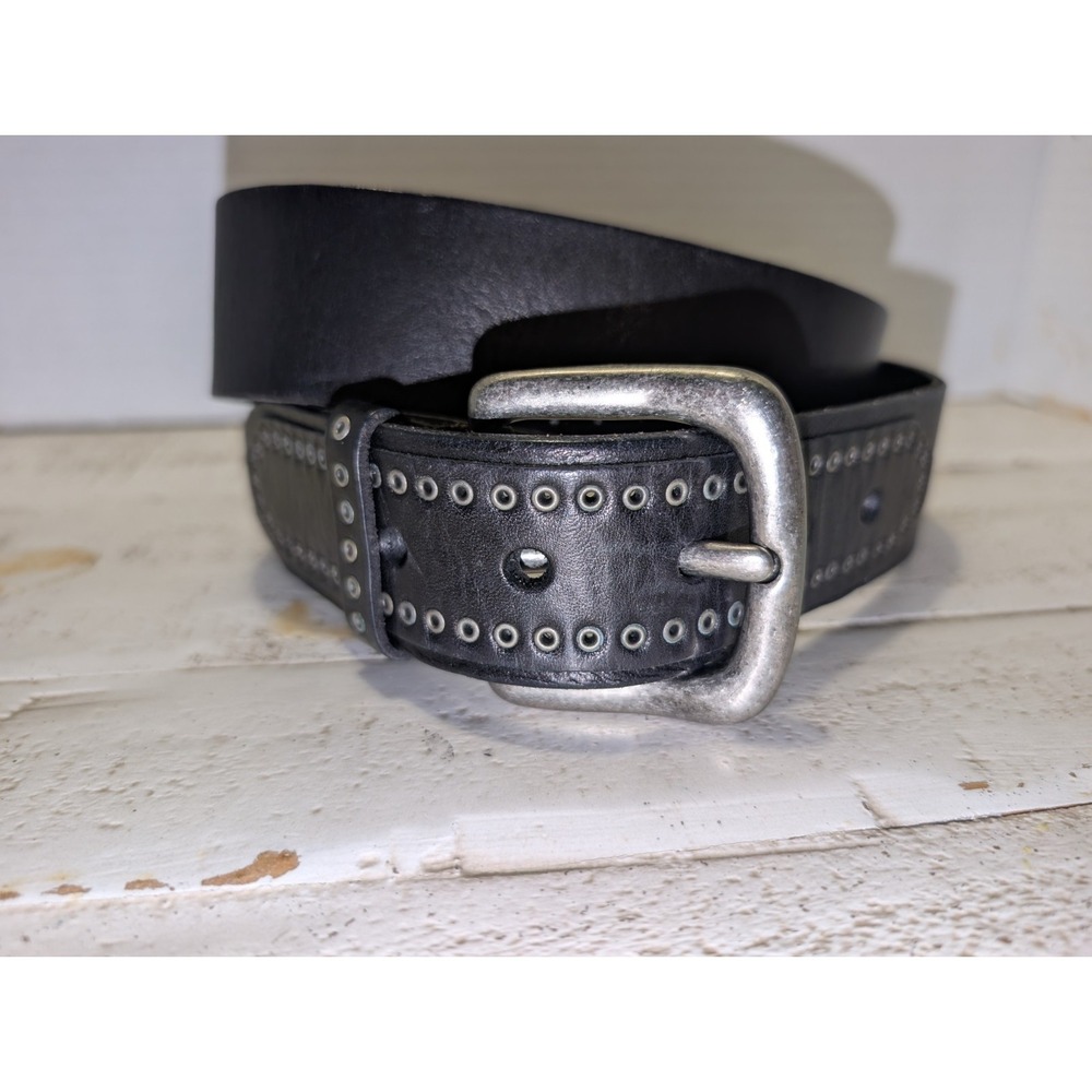 Fossil Genuine Leather Wide Black Belt Studded Silver Buckle Womens Sz Large